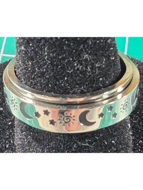 Moon Stars Stainless Steel Spinner fidget Ring Size 6 celestial unisex Jewelry